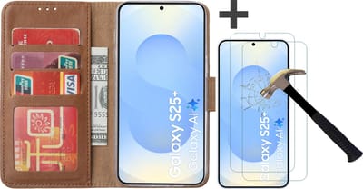 Hoesje met 2 Stuks Screenprotectors Geschikt voor Samsung Galaxy S25 Plus – Arara bookcase met pasjeshouder - Bruin