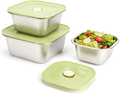 KZQ roestvrijstalen bewaardozen - 3-delige set met siliconen deksels, lekvrij, herbruikbaar - Geschikt voor yoghurt, fruit, snacks en maaltijdvoorbereiding - Vaatwasmachine- en koelkastbestendig - 400+700+1000 ml - Groen