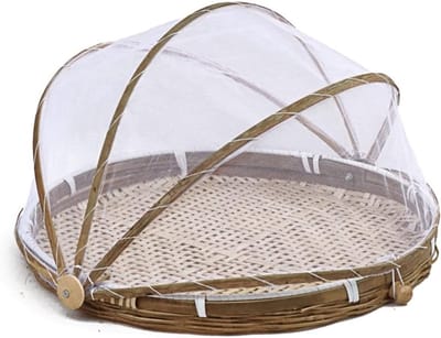 Handgeweven fruitmand met gaasdeksel, insectenwerend voedseltent voor buitenpicknick, 35 cm seagrass mand voor vers fruit en snacks