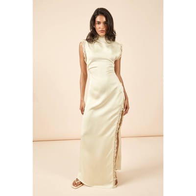 boohoo Dames Satijnen Maxi-jurk Met Hoge Hals En Kantafwerking | Citroen | Maat: 38