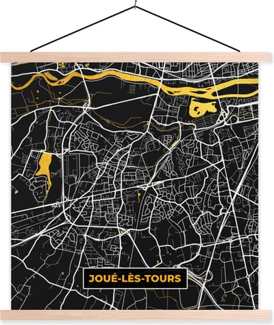 Posterhanger incl. Poster 40x40 cm - Schoolplaat - Joué-les-Tours - Kaart - Stadskaart - Frankrijk - Plattegrond - Textielposter - Blanke latten - Stadskaart