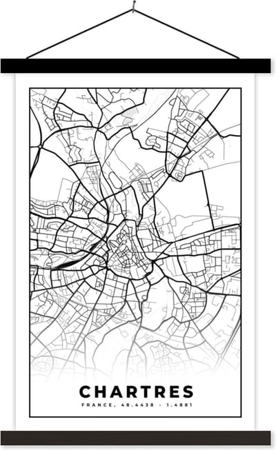 Posterhanger incl. Poster 40x60 cm - Schoolplaat - Frankrijk – Kaart – Plattegrond – Stadskaart - Chartres - Zwart wit - Textielposter - Zwarte latten - Stadskaart