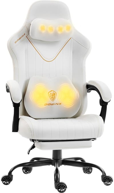 Dowinx ergonomische bureaustoel/gamingstoel – ademend echt leer – met lendensteun en neksteun – met zitkussen met extra dikke veerkern – draagvermogen tot 150 kg – wit