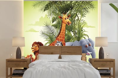 Behang babykamer - Fotobehang Jungle dieren - Natuur - Planken - Kinderen - Giraffe - Breedte 280 cm x hoogte 280 cm