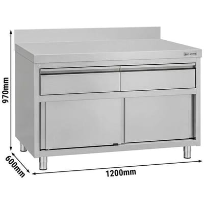 GGM Gastro Edelstahl Arbeitsschrank ECO - 1200x600mm - mit Aufkantung - mit 2 Schubladen & Schiebetür