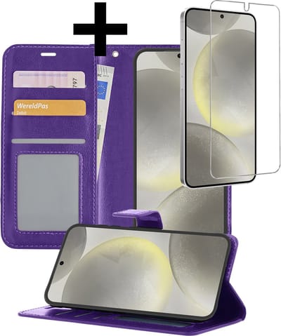 Hoesje - Met Screenprotector - Geschikt voor Samsung Galaxy S24 - Luxe Pasjeshouder - Bookcase Portemonee - Flip Case - Kunstleer Book Case - Flipcase - Book Cover - Walletcase - Portemonneehoes - Telefoonhoesjes - Paars