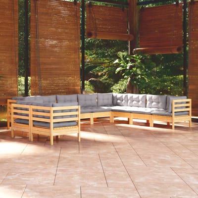 vidaXL - 10-delige - Loungeset - met - grijze - kussens - massief - grenenhout