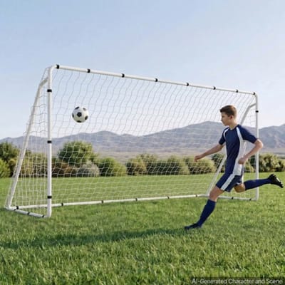 VEVOR voetbaldoel 3,7 x 1,8 m, draagbaar voetbaldoel met wit ijzeren buizenframe, voor tuinen, parken, scholen en sportvelden, inclusief PE-net voor snelheden boven 110 km/u, grondankers, bevestigingsriemen en instructies.
