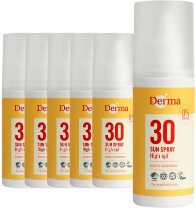 Derma Sun - Zonnebrandspray SPF30 - 6 x 150 ml - Waterbestendige - UVA en UVB Bescherming - Met Aloe Vera en Vitamine E - Parfumvrij - AllergyCertified