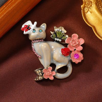 Vintage Dames Heren Mode Emaille Kat Bloemen Badges Broche Retro Klassiek Ontwerp Druipolie Kristal Spelden Accessoires Voor Dame brown