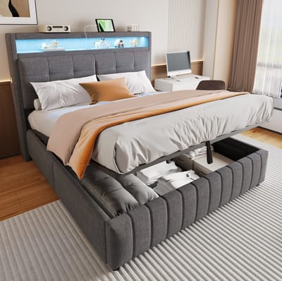 MEUNIQ gestoffeerd tweepersoons bed 160x200 cm met LED-verlichting, USB-aansluiting, hoofdbord met planken en opbergruimte, hydraulische bergruimte, grijs