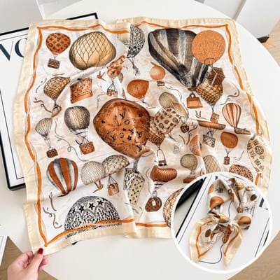 Dames Sjaal - Sjaals - Stola - Vierkante doek - Elegant Stijlvol Dames haar sjaal - Satijn zijde - Hals sjaaltje - Sjaaltje Satijn - Neksjaaltje - Omslagdoek Modesjaals - Neksjaal - Klein Sjaaltje -Bag heetballon - beige wit-70*70CM