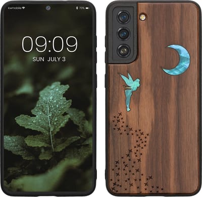 kwmobile telefoonhoesje geschikt voorSamsung Galaxy S21 FE - Hoesje met bumper - hout - In donkerbruin Parelmoer Fee design