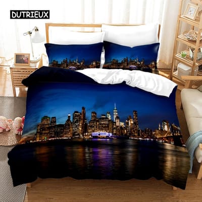 New York City Night View Beddengoedset Queen King Size Dekbedovertrek / Dekbedovertrek Kussensloopset Zacht Huistextiel Beddengoed 140x200cm 3pcs