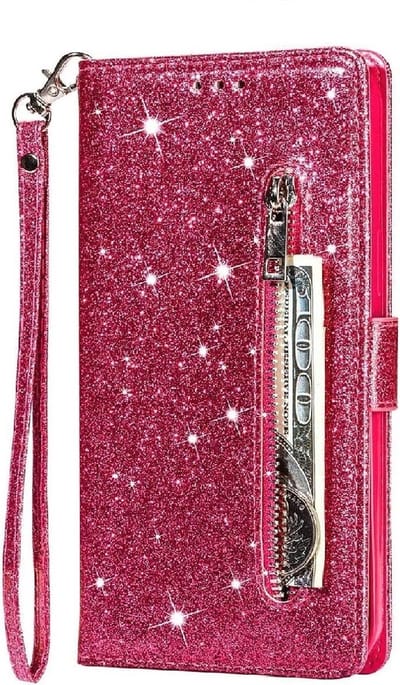 LuxeBass Hoesje geschikt voor Samsung Galaxy A02s Glitter Bookcase met rits - hoesje - portemonneehoesje - Roze gsm hoesje - telefoonhoes - telefoonhoesjes
