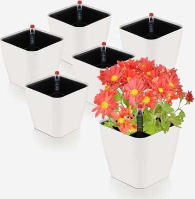 Zelfbewaterende pot met waterniveau-indicator - kruidenpot - 6 stuks - wit - 13,7 x 13,5 cm