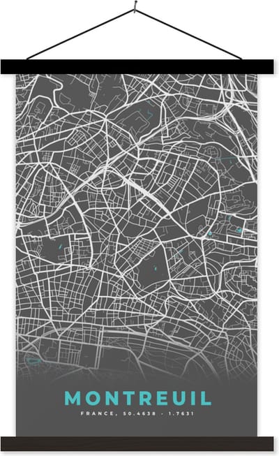 Posterhanger incl. Poster 40x60 cm - Schoolplaat - Kaart - Plattegrond - Montreuil - Stadskaart - Frankrijk - Textielposter - Zwarte latten - Stadskaart