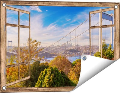 Gards Tuinposter Doorkijk Bosphorus Brug in Instanbul - 60x40 cm - Tuindoek - Tuindecoratie - Wanddecoratie buiten - Tuinschilderij