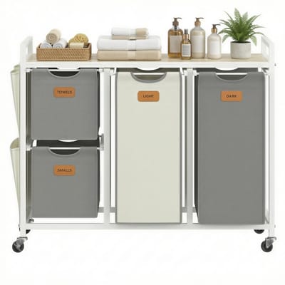VASAGLE - Wasmand - Wassorteerder - 4 Vakken en Planken - 150L Mobiele - Uitneembare Tassen