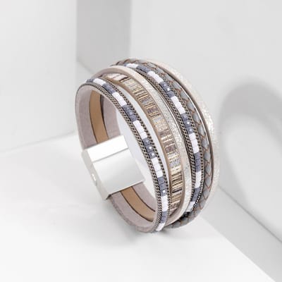 Bracelet Bohème en Cuir Tissé à la Main avec Fermoir Magnétique en Alliage Accessoire Tendance pour Femme gris