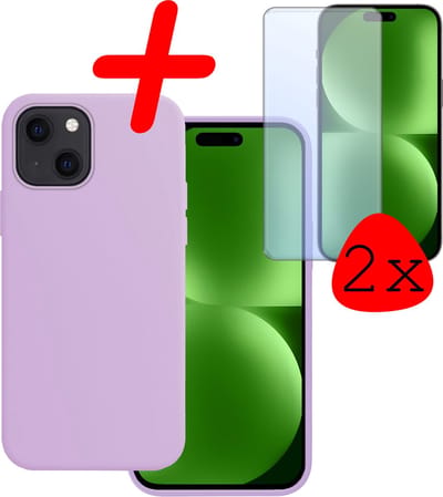 Hoesje Met 2x Screenprotector - Geschikt voor Apple iPhone 15 - Sterk & Shockproof - Back Cover - Siliconen Case - Telefoon Hoes - Lila