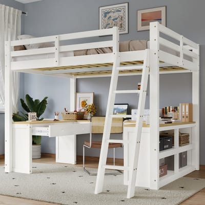STILVORA Kinderhoogslaper 140x200cm – U-vormige Tafel – Vijftraps Ladder – Met 2 Laden en Opbergrek – Grenen Hout – Wit+Lichtbruin – Zonder matras