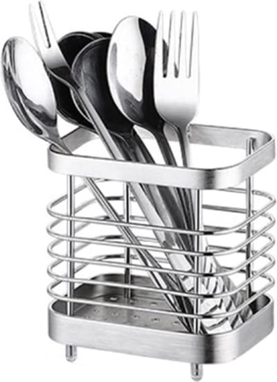 Keukengereihouder roestvrij staal, bestekhouder aanrecht bestekmand, spoelbak organizer accessoires voor het opbergen van keukengerei zilverware, zilver-10 cm