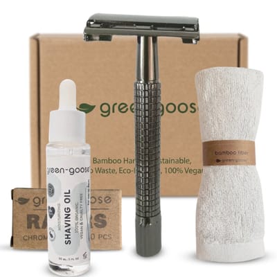 green-goose® Scheerpakket | Safety Razor Klassiek Scheermes | Zwart | Biologische Scheerolie | Bamboe Doekje | 10 Scheermesjes | Duurzaam Cadeau!