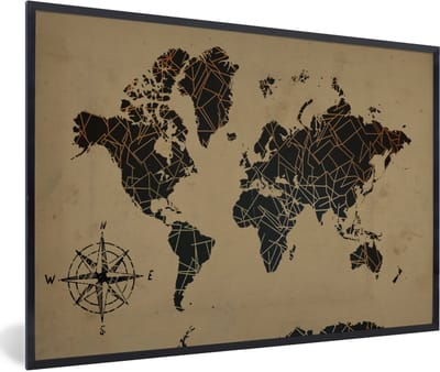 Poster in lijst - Fotolijst 90x60 cm - Posters - Wereldkaart - Vintage - Kompasroos - Posterlijst zwart - Decoratie - Wanddecoratie woonkamer - Muurdecoratie slaapkamer