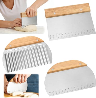 Dough Scraper Set van 3 Stuks van Roestvrij Staal met Meetlat en Houten Handvat voor Het Snijden van Deeg, Pizza, Brood en Taart in de Keuken