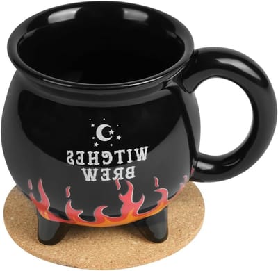 Witch Brew Koffiemok met Coaster, Ketelvormige Mok voor Halloween en Feestdagen, Grappige Cadeaus voor Verjaardagen en Kerst, Zwart