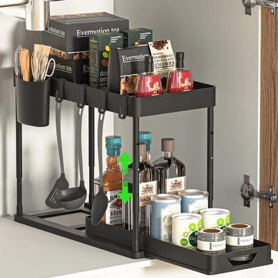 Famanu - Onderkast organizer met 2 niveaus, haken, antislipmatten en bekerhouder, multifunctioneel keukenrek, zwart