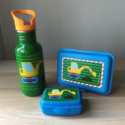 Graafmachine / kraan lunchboxje met grote RVS drinkfles / drinkbeker en mini snackbox - Die spiegelburg serie Later als ik groot ben ...