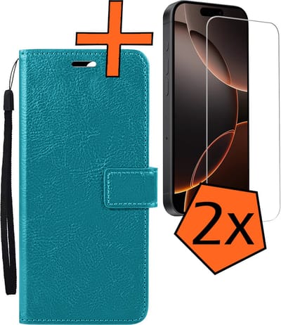 Hoes - Met 2x Screenprotector - Geschikt voor Apple iPhone 16 Pro - Luxe Pasjeshouder - Bookcase Portemonee - Flip Case - Kunstleer Book Case - Flipcase Hoes - Book Cover - Walletcase - PortemonneeHoes - Turquoise
