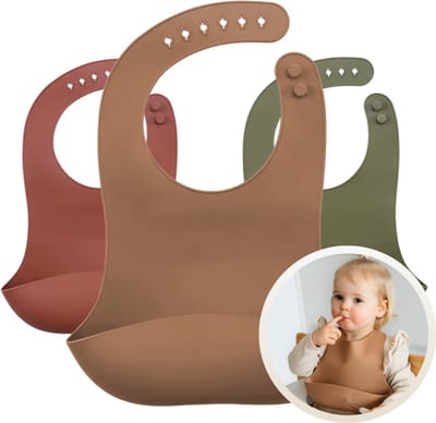Funnies Siliconen Aardetinten Slab 3-Pack - Set van 3 Slabbetjes - Slabbers met Opvangbakje - 30 x 24cm - Zacht, Flexibel en Makkelijk Schoon te Maken - Verstelbare Pasvorm voor Baby’s en Peuters - Ideaal voor Voeden zonder Knoeien