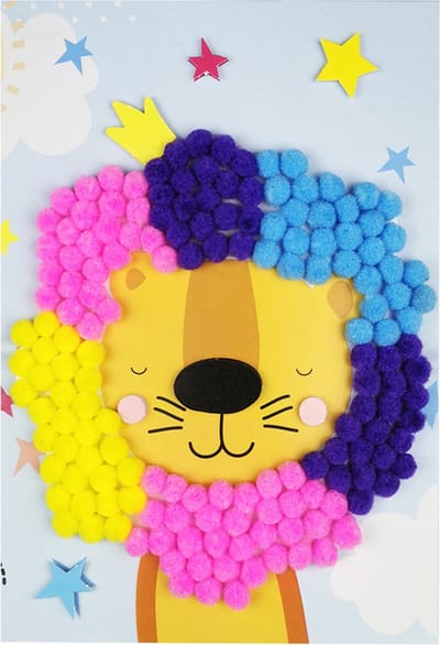 Knutselset Kind 3+ - Koning Leeuw Sterren - Pompoms Vorm Plakken - Hobby - 15x21cm