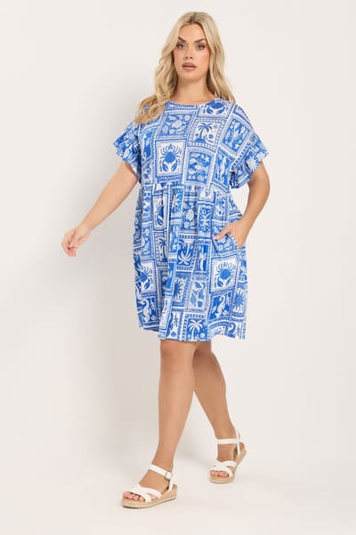Yours Blauwe Tuniekjurk Met Gemengde Schelpenprint En Ruches Aan De Mouwen Size 42