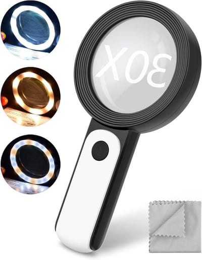 Dailygoods - BROTOU Vergrootglas met licht, 30-voudige magische glazen leesloep, 18 leds, 3 modi, handloep met helderheid, dubbele glazen lens, voor senioren, kinderen, munten, postzegels, juweliers, inspectie