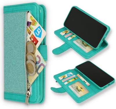 HB Hoesje Geschikt voor Apple iPhone 11 - Turquoise - Glitter - Luxe Portemonnee Book Case met Rits