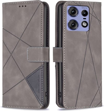 BINFEN Hoesje - Geschikt voor Motorola Edge 50 Pro Hoesje - BINFEN Geometric Book Case - Grijs