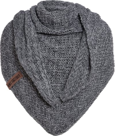 Knit Factory Sally Gebreide Omslagdoek - Driehoek Sjaal Dames - Dames sjaal - Wintersjaal - Stola - Wollen sjaal - Grijs gemêleerde sjaal - Antraciet/Licht Grijs - 220x85 cm - Grof gebreid