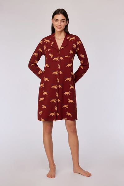 Woody slaapkleed dames doorknoop - donkerrood - pony all-overprint - 252-10-YDA-Z/939 - maat S