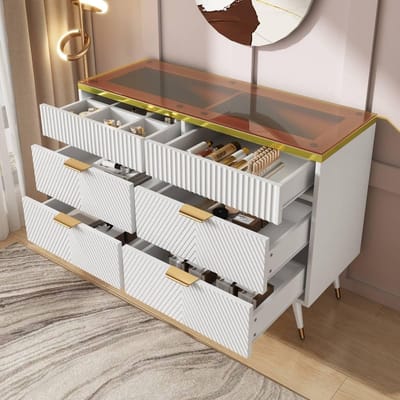 Ladekast - Opbergkast - Woonkamer Decoratie - Amber glas details - 120 x 40 x 76 cm - Wit