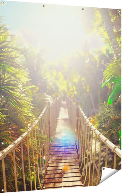 Gards Tuinposter Houten Brug in de Tropische Jungle - 120x160 cm - Tuindoek - Tuindecoratie - Wanddecoratie buiten - Tuinschilderij