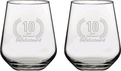 Gegraveerde set Drinkglazen 42,5cl Gefeliciteerd 10 jaar getrouwd