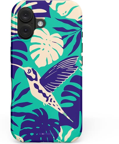 Casetastic hoesje geschikt voor Apple iPhone 16 - MagSafe - Dubbellaagse bescherming - Paradijs Kolibrie - Fashion Case - Donkerblauw Zand
