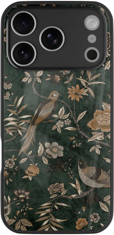Hoesje geschikt voor Apple iPhone 17 Pro - Khaki golden flowers - Groen - TPU luxe case (glossy toplaag) - Vogel - Hardcase backcover zwart