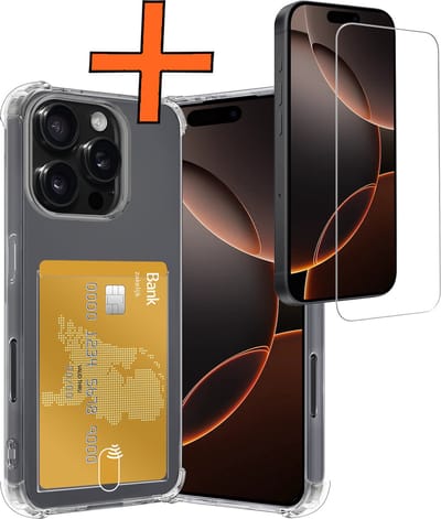 Hoes - Geschikt voor Apple iPhone 16 Pro - Met Screenprotector - En Pashouder - En Kaarthouder - Telefoon Hoesje Shockproof - Siliconen Case - Back Cover - Shock Proof - Pasjes Houder - Transparant