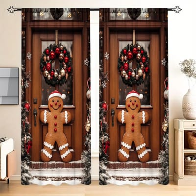 2 stuks Kerst Peperkoekmannetje Bedrukt Gordijn voor Kerst Huisdecoratie - Tunnel voor Roede Raambekleding voor Slaapkamer, Kantoor, Keuken 52.5cmX116cm X 2pcs black