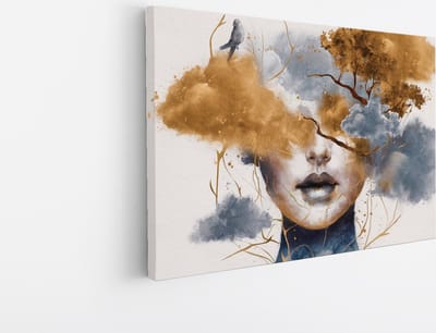 Saammp Canvas Schilderij - Vrouw met wolken van goud - abstract - 30x20 - Foto op canvas - Wanddecoratie - Muurdecoratie Woonkamer - Slaapkamer decoratie - Canvas Print